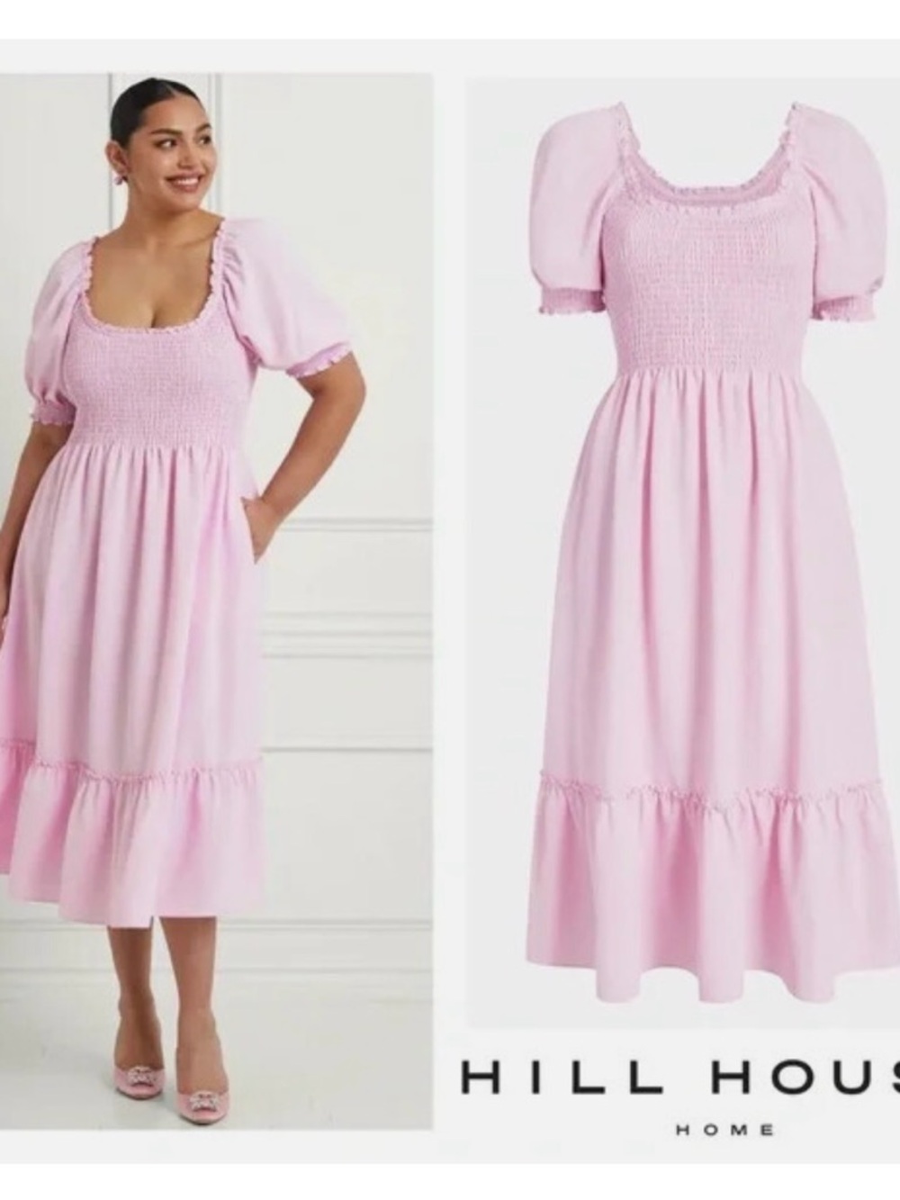 Hill House Louisa Light Pink Puff-Sleeve Smocked Midi Nap Dress